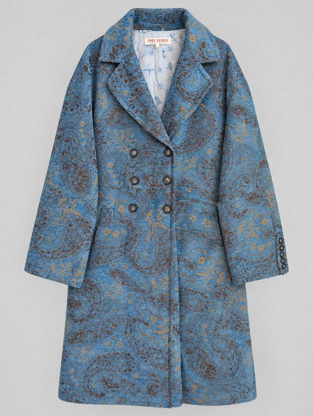 Free People Paisley Long Coat Womens L Blue Double Breasted OB2296200 NWT